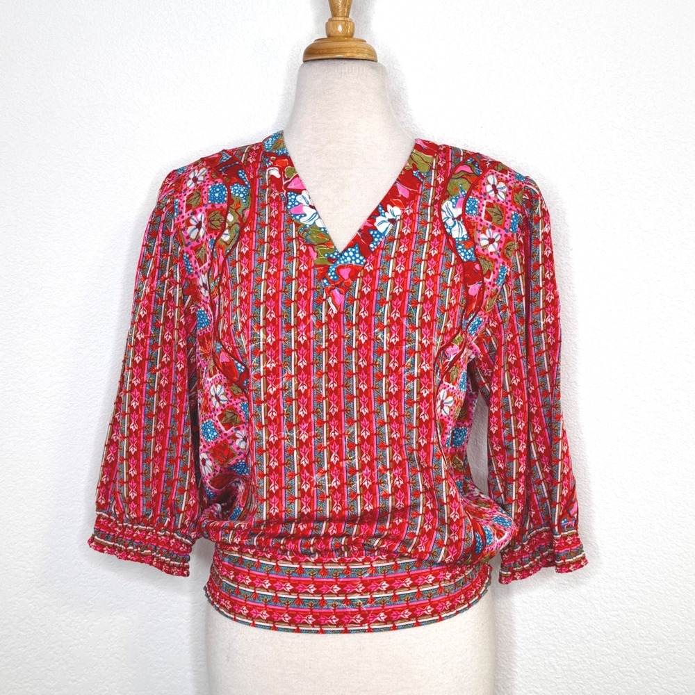 Thayee Lola Womens Vintage Floral Blouseโ Size S Red Pink Peasant Boho Chic 80s